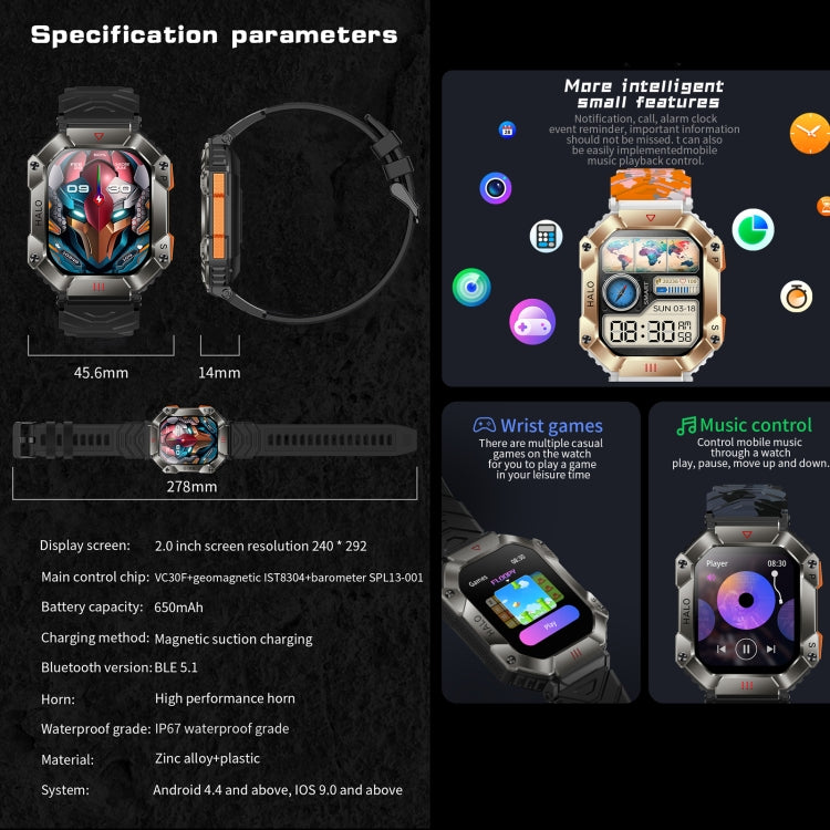 KR80 2.0 inch BT5.1 IP67 Sport Smart Watch, Support Bluetooth Call / Sleep / Blood Oxygen / Heart Rate / Blood Pressure Health Monitor(Black+Camouflage) - Smart Watches by PMC TechLife | Online Shopping South Africa | PMC TechLife | Buy Now Pay Later Mobicred