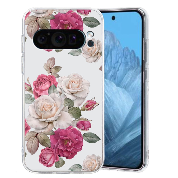 For Google Pixel 9 Colored Drawing Pattern Transparent TPU Phone Case(Peony) - Google Cases by PMC TechLife | Online Shopping South Africa | PMC TechLife | Buy Now Pay Later Mobicred