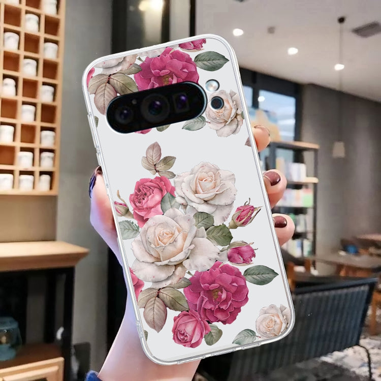 For Google Pixel 9 Colored Drawing Pattern Transparent TPU Phone Case(Peony) - Google Cases by PMC TechLife | Online Shopping South Africa | PMC TechLife | Buy Now Pay Later Mobicred
