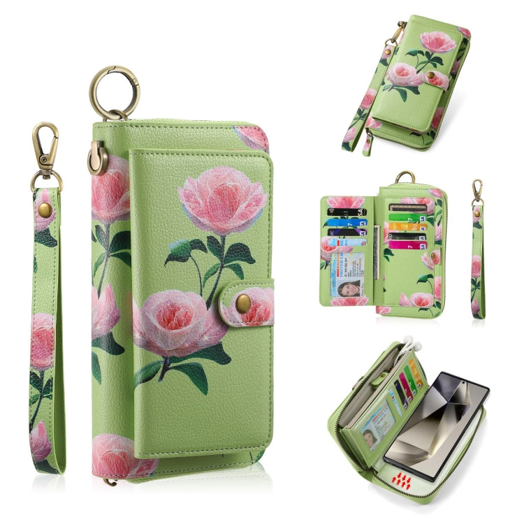 For Samsung Galaxy S24+ 5G POLA Flower Multi-functional Zipper Wallet Leather Phone Case(Green) - free shipping - PMC Jewellery - Order now!
