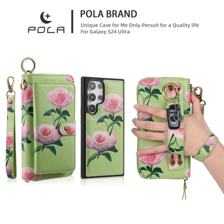 For Samsung Galaxy S24+ 5G POLA Flower Multi-functional Zipper Wallet Leather Phone Case(Green) - free shipping - PMC Jewellery - Order now!