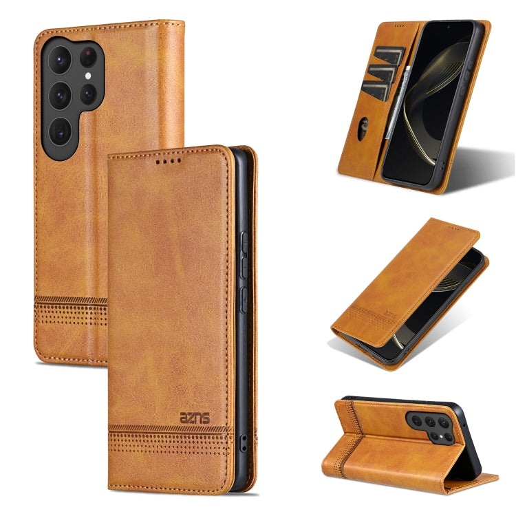 For Samsung Galaxy S25 Ultra 5G AZNS Magnetic Calf Texture Flip Leather Phone Case(Light Brown) - free shipping - PMC Jewellery - Order now!