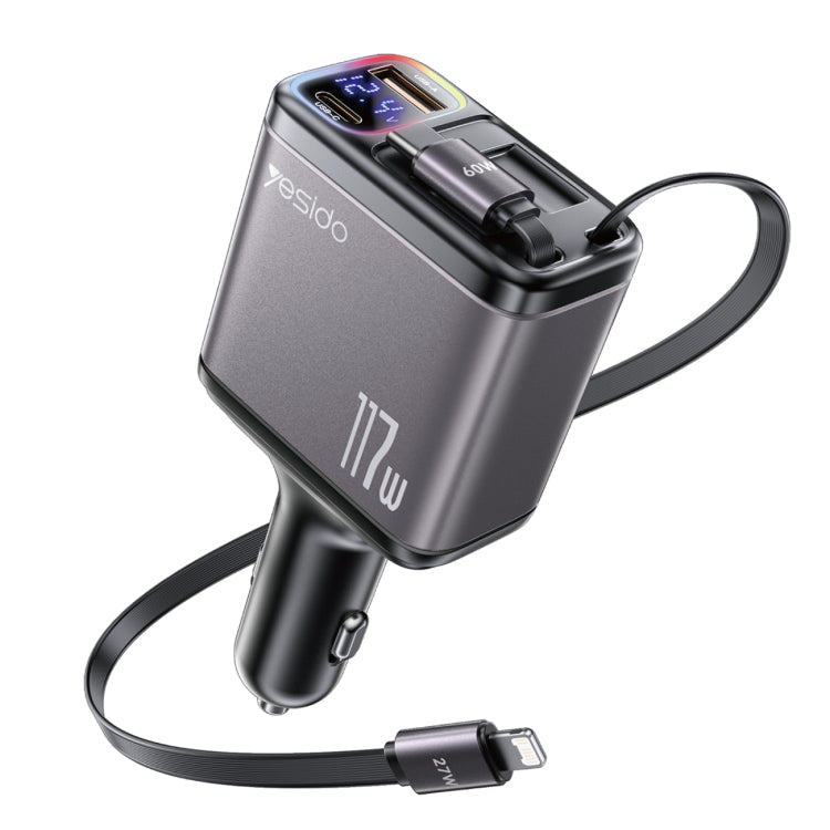 Yesido Y63 4 in 1 117W USB-C / Type-C+USB Multifunctional Retractable Dual Line Digital Display Car Fast Charger(Black) - free shipping - PMC TechLife - Order now!