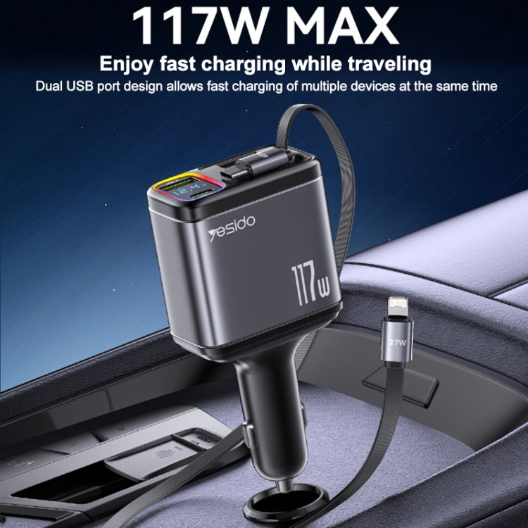 Yesido Y63 4 in 1 117W USB-C / Type-C+USB Multifunctional Retractable Dual Line Digital Display Car Fast Charger(Black) - free shipping - PMC TechLife - Order now!