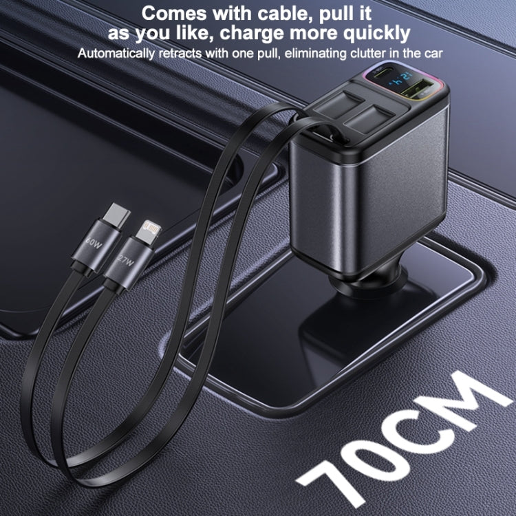 Yesido Y63 4 in 1 117W USB-C / Type-C+USB Multifunctional Retractable Dual Line Digital Display Car Fast Charger(Black) - free shipping - PMC TechLife - Order now!