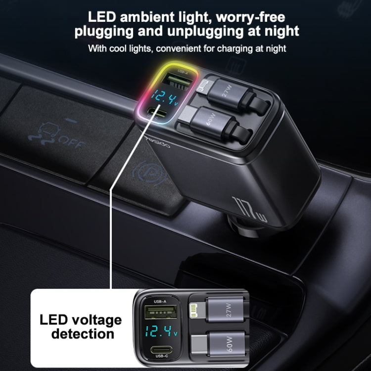 Yesido Y63 4 in 1 117W USB-C / Type-C+USB Multifunctional Retractable Dual Line Digital Display Car Fast Charger(Black) - free shipping - PMC TechLife - Order now!