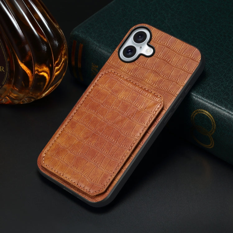 For iPhone 16 Imitation Crocodile Leather Back Phone Case with Holder(Brown) - iPhone 16 Cases by PMC TechLife | Online Shopping South Africa | PMC TechLife | Buy Now Pay Later Mobicred
