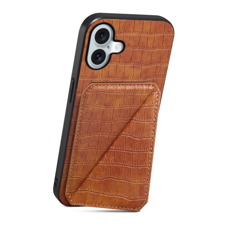 For iPhone 16 Imitation Crocodile Leather Back Phone Case with Holder(Brown) - iPhone 16 Cases by PMC TechLife | Online Shopping South Africa | PMC TechLife | Buy Now Pay Later Mobicred