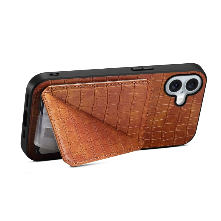 For iPhone 16 Imitation Crocodile Leather Back Phone Case with Holder(Brown) - iPhone 16 Cases by PMC TechLife | Online Shopping South Africa | PMC TechLife | Buy Now Pay Later Mobicred
