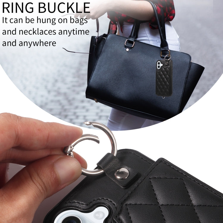 For iPhone 16 Plus Rhombic Texture Card Bag Phone Case with Short Lanyard(Black) - free shipping - PMC Jewellery - Order now!
