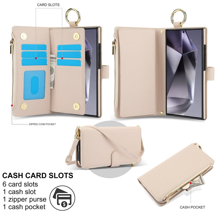 For Samsung Galaxy S24 Ultra 5G Crossbody Ring Multifunctional Wallet Leather Phone Case(White) - free shipping - PMC Jewellery - Order now!