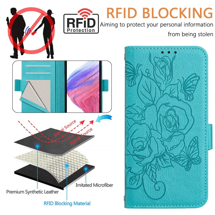 For iPhone 16 Embossed Rose RFID Anti-theft Leather Phone Case(Light Blue) - iPhone 16 Cases by PMC TechLife | Online Shopping South Africa | PMC TechLife | Buy Now Pay Later Mobicred