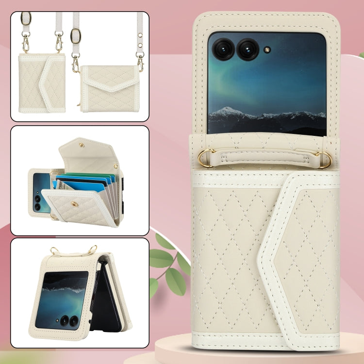 For Motorola Razr 40 Ultra Splicing Rhombic Texture Phone Case with Long & Short Lanyard(Beige) - free shipping - PMC TechLife - Order now!