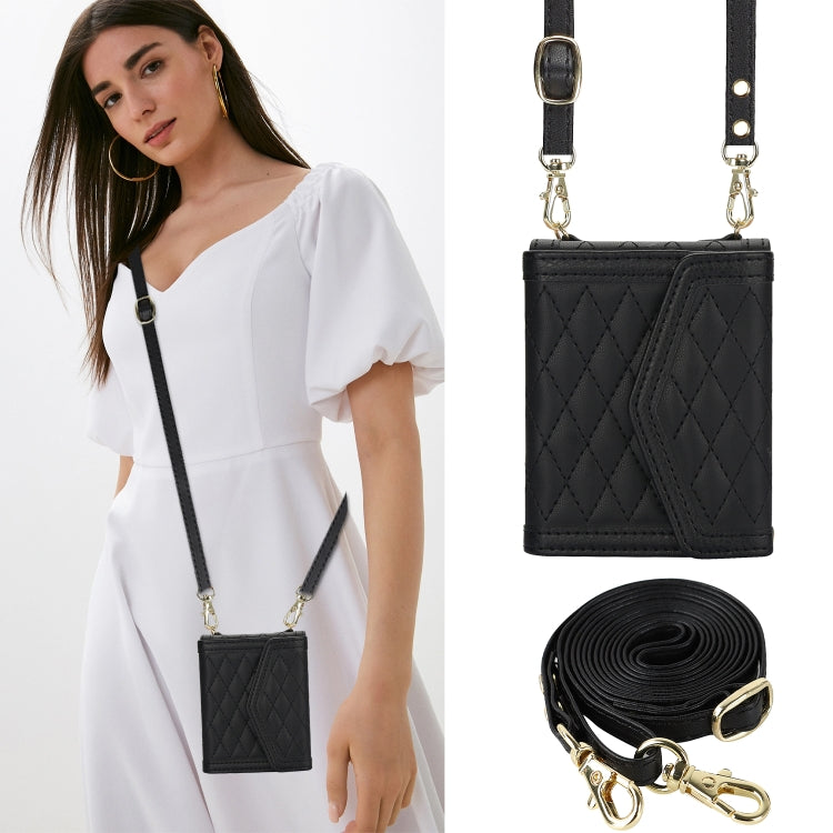 For Motorola Razr 40 Ultra Splicing Rhombic Texture Phone Case with Long & Short Lanyard(Black) - Motorola Cases by PMC TechLife | Online Shopping South Africa | PMC TechLife | Buy Now Pay Later Mobicred