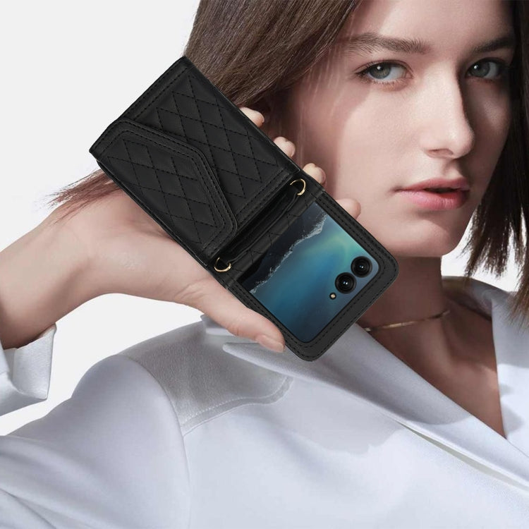 For Motorola Razr 40 Ultra Splicing Rhombic Texture Phone Case with Long & Short Lanyard(Black) - Motorola Cases by PMC TechLife | Online Shopping South Africa | PMC TechLife | Buy Now Pay Later Mobicred