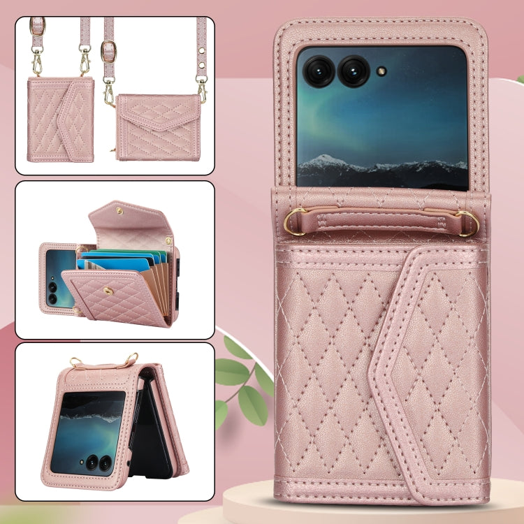For Motorola Razr 40 Ultra Splicing Rhombic Texture Phone Case with Long & Short Lanyard(Rose Gold) - Motorola Cases by PMC TechLife | Online Shopping South Africa | PMC TechLife | Buy Now Pay Later Mobicred