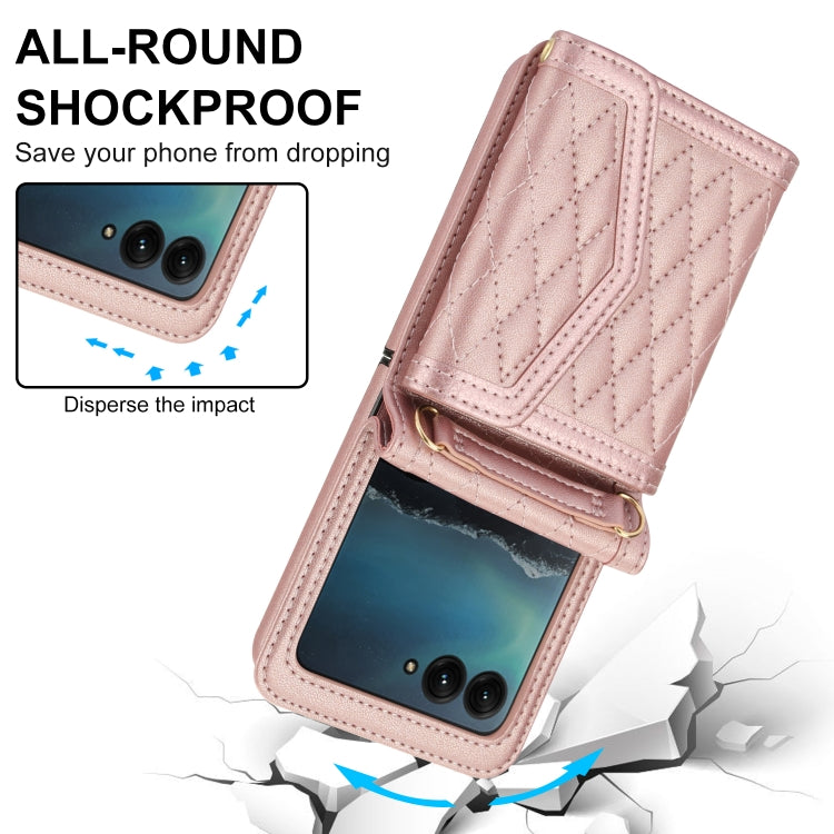 For Motorola Razr 40 Ultra Splicing Rhombic Texture Phone Case with Long & Short Lanyard(Rose Gold) - Motorola Cases by PMC TechLife | Online Shopping South Africa | PMC TechLife | Buy Now Pay Later Mobicred