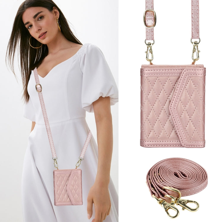 For Motorola Razr 40 Ultra Splicing Rhombic Texture Phone Case with Long & Short Lanyard(Rose Gold) - Motorola Cases by PMC TechLife | Online Shopping South Africa | PMC TechLife | Buy Now Pay Later Mobicred