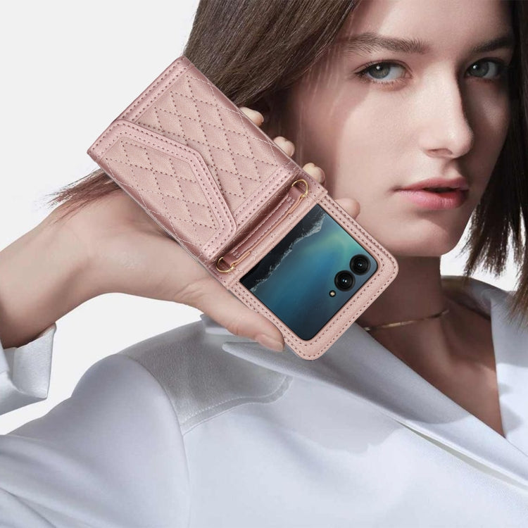 For Motorola Razr 40 Ultra Splicing Rhombic Texture Phone Case with Long & Short Lanyard(Rose Gold) - Motorola Cases by PMC TechLife | Online Shopping South Africa | PMC TechLife | Buy Now Pay Later Mobicred