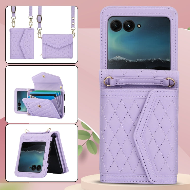 For Motorola Razr 40 Ultra Splicing Rhombic Texture Phone Case with Long & Short Lanyard(Purple) - Motorola Cases by PMC TechLife | Online Shopping South Africa | PMC TechLife | Buy Now Pay Later Mobicred