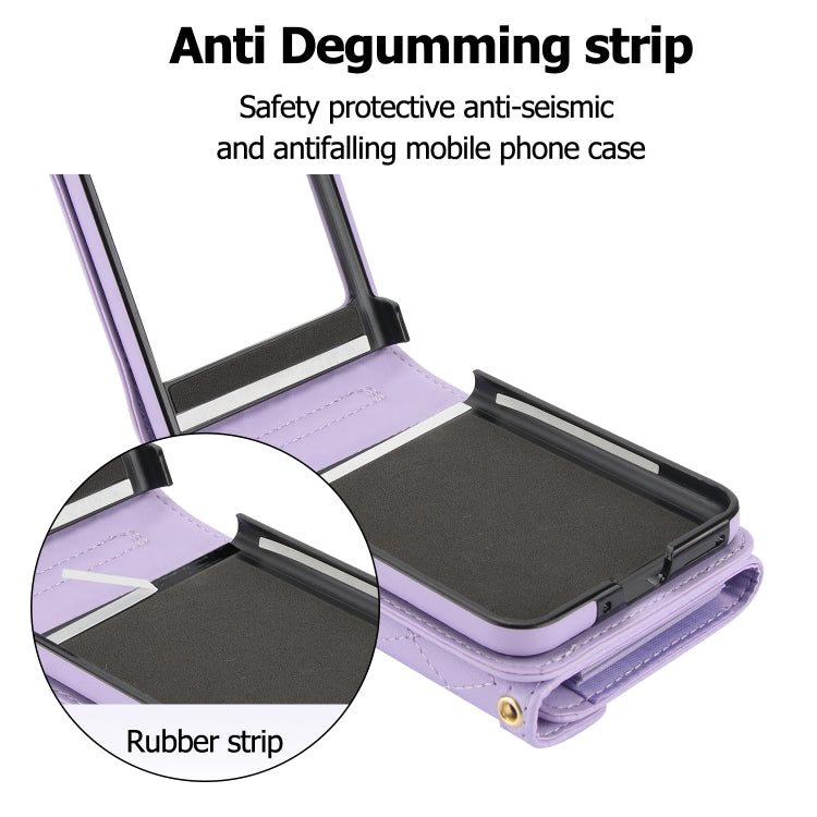 For Motorola Razr 40 Ultra Splicing Rhombic Texture Phone Case with Long & Short Lanyard(Purple) - Motorola Cases by PMC TechLife | Online Shopping South Africa | PMC TechLife | Buy Now Pay Later Mobicred