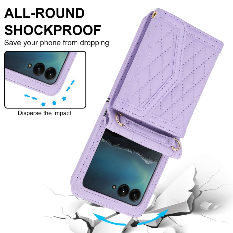 For Motorola Razr 40 Ultra Splicing Rhombic Texture Phone Case with Long & Short Lanyard(Purple) - Motorola Cases by PMC TechLife | Online Shopping South Africa | PMC TechLife | Buy Now Pay Later Mobicred