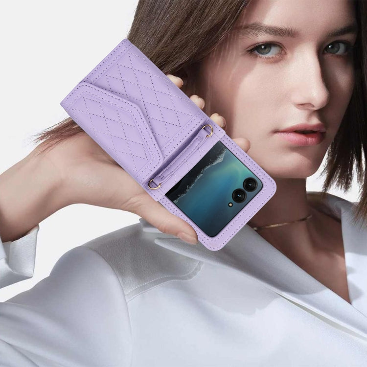 For Motorola Razr 40 Ultra Splicing Rhombic Texture Phone Case with Long & Short Lanyard(Purple) - Motorola Cases by PMC TechLife | Online Shopping South Africa | PMC TechLife | Buy Now Pay Later Mobicred