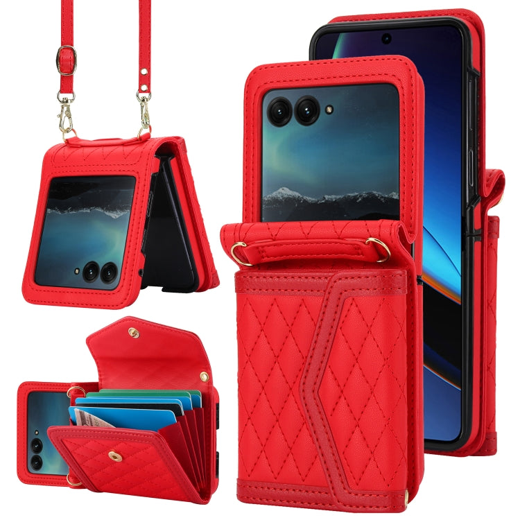 For Motorola Razr 40 Ultra Splicing Rhombic Texture Phone Case with Long & Short Lanyard(Red) - Motorola Cases by PMC TechLife | Online Shopping South Africa | PMC TechLife | Buy Now Pay Later Mobicred