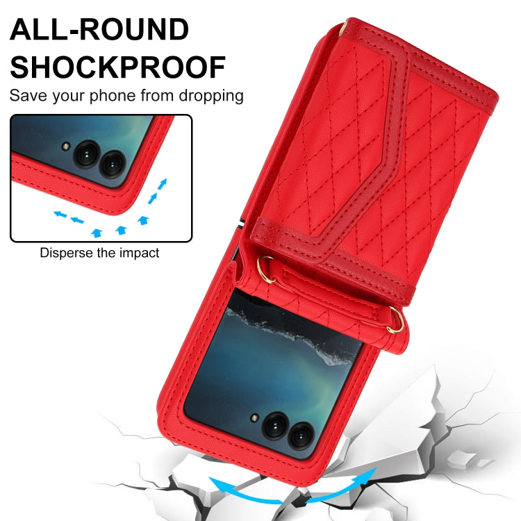 For Motorola Razr 40 Ultra Splicing Rhombic Texture Phone Case with Long & Short Lanyard(Red) - Motorola Cases by PMC TechLife | Online Shopping South Africa | PMC TechLife | Buy Now Pay Later Mobicred