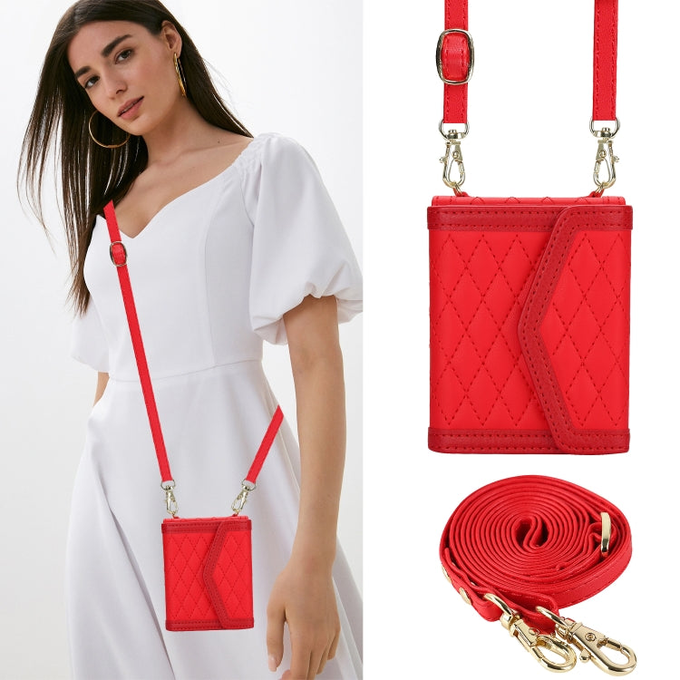 For Motorola Razr 40 Ultra Splicing Rhombic Texture Phone Case with Long & Short Lanyard(Red) - Motorola Cases by PMC TechLife | Online Shopping South Africa | PMC TechLife | Buy Now Pay Later Mobicred