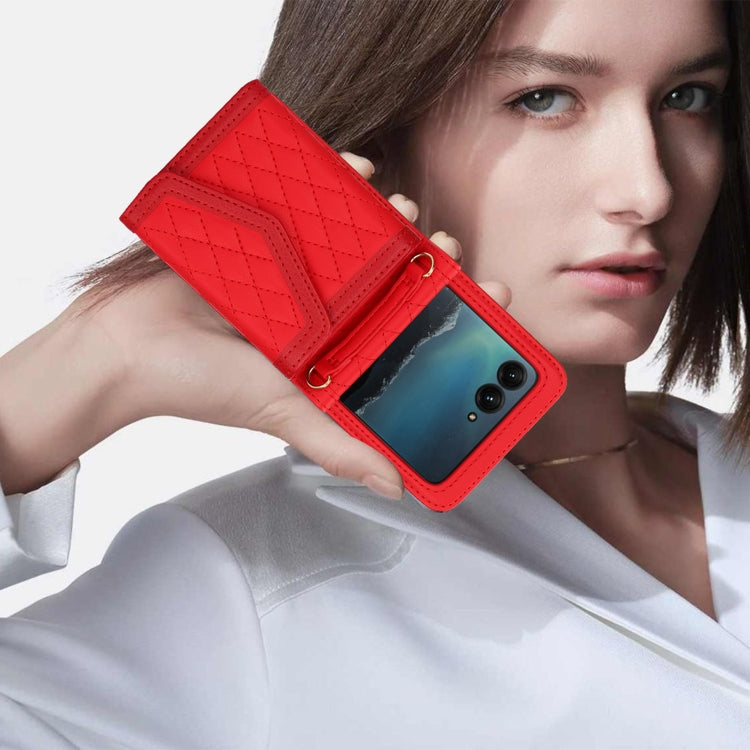 For Motorola Razr 40 Ultra Splicing Rhombic Texture Phone Case with Long & Short Lanyard(Red) - Motorola Cases by PMC TechLife | Online Shopping South Africa | PMC TechLife | Buy Now Pay Later Mobicred