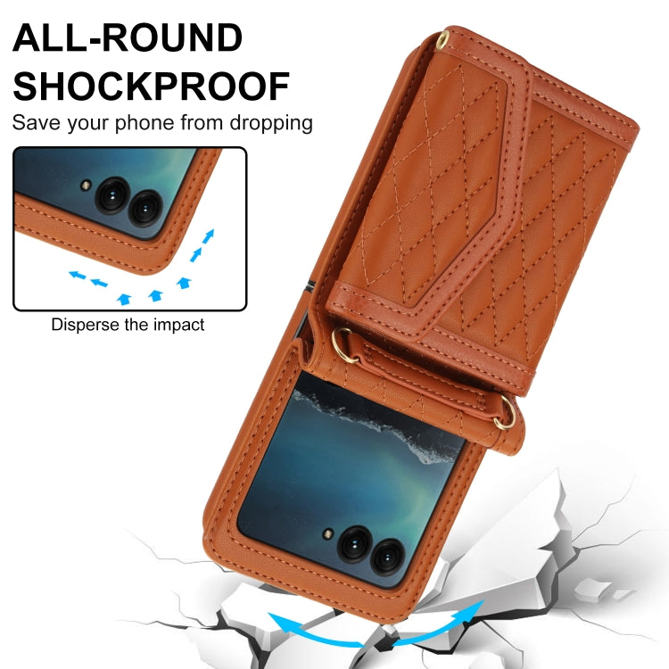 For Motorola Razr 40 Ultra Splicing Rhombic Texture Phone Case with Long & Short Lanyard(Brown) - Motorola Cases by PMC TechLife | Online Shopping South Africa | PMC TechLife | Buy Now Pay Later Mobicred