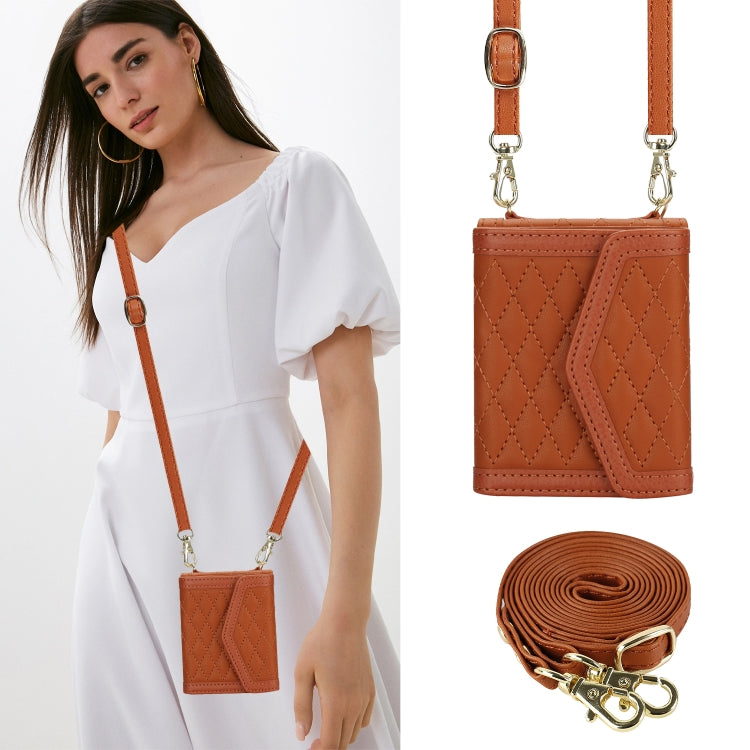 For Motorola Razr 40 Ultra Splicing Rhombic Texture Phone Case with Long & Short Lanyard(Brown) - Motorola Cases by PMC TechLife | Online Shopping South Africa | PMC TechLife | Buy Now Pay Later Mobicred