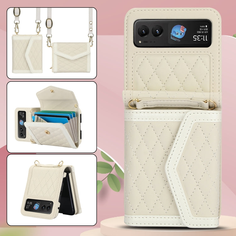 For Motorola Razr 40 Splicing Rhombic Texture Phone Case with Long & Short Lanyard(Beige) - Motorola Cases by PMC TechLife | Online Shopping South Africa | PMC TechLife | Buy Now Pay Later Mobicred
