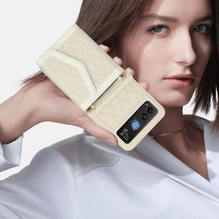 For Motorola Razr 40 Splicing Rhombic Texture Phone Case with Long & Short Lanyard(Beige) - Motorola Cases by PMC TechLife | Online Shopping South Africa | PMC TechLife | Buy Now Pay Later Mobicred