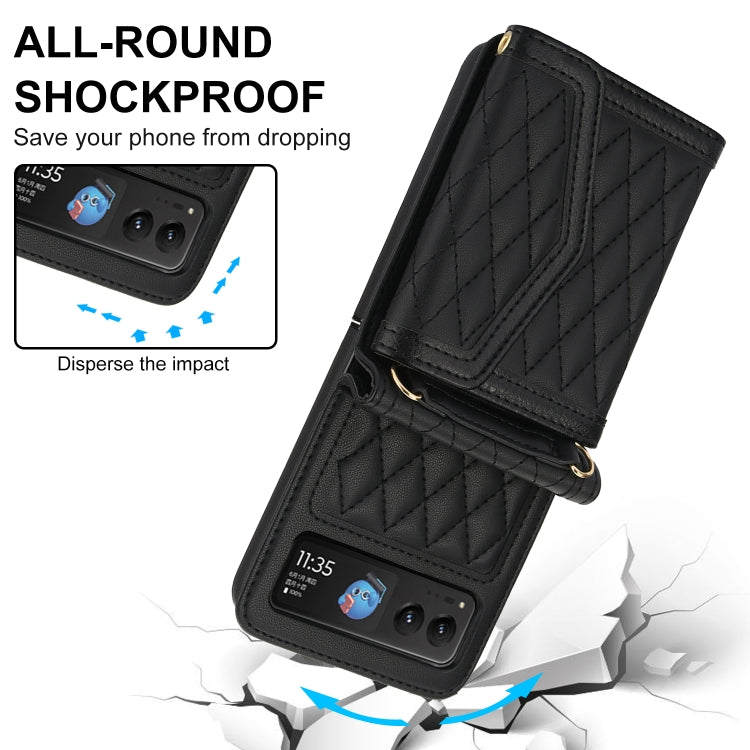 For Motorola Razr 40 Splicing Rhombic Texture Phone Case with Long & Short Lanyard(Black) - Motorola Cases by PMC TechLife | Online Shopping South Africa | PMC TechLife | Buy Now Pay Later Mobicred