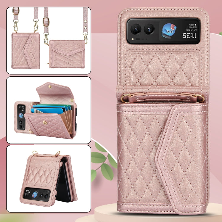 For Motorola Razr 40 Splicing Rhombic Texture Phone Case with Long & Short Lanyard(Rose Gold) - Motorola Cases by PMC TechLife | Online Shopping South Africa | PMC TechLife | Buy Now Pay Later Mobicred