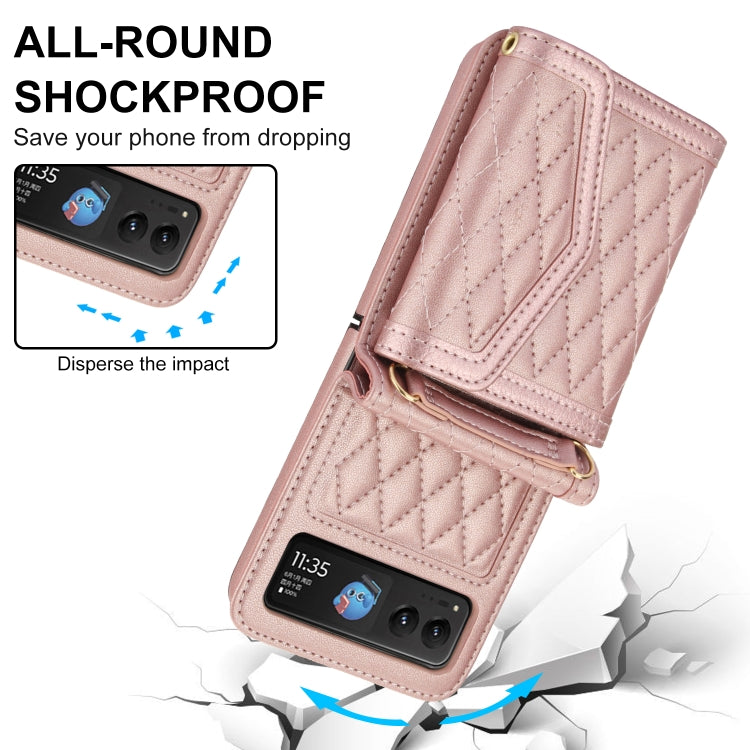 For Motorola Razr 40 Splicing Rhombic Texture Phone Case with Long & Short Lanyard(Rose Gold) - Motorola Cases by PMC TechLife | Online Shopping South Africa | PMC TechLife | Buy Now Pay Later Mobicred