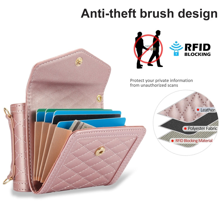For Motorola Razr 40 Splicing Rhombic Texture Phone Case with Long & Short Lanyard(Rose Gold) - Motorola Cases by PMC TechLife | Online Shopping South Africa | PMC TechLife | Buy Now Pay Later Mobicred