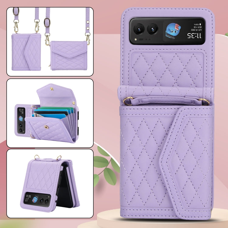 For Motorola Razr 40 Splicing Rhombic Texture Phone Case with Long & Short Lanyard(Purple) - Motorola Cases by PMC TechLife | Online Shopping South Africa | PMC TechLife | Buy Now Pay Later Mobicred
