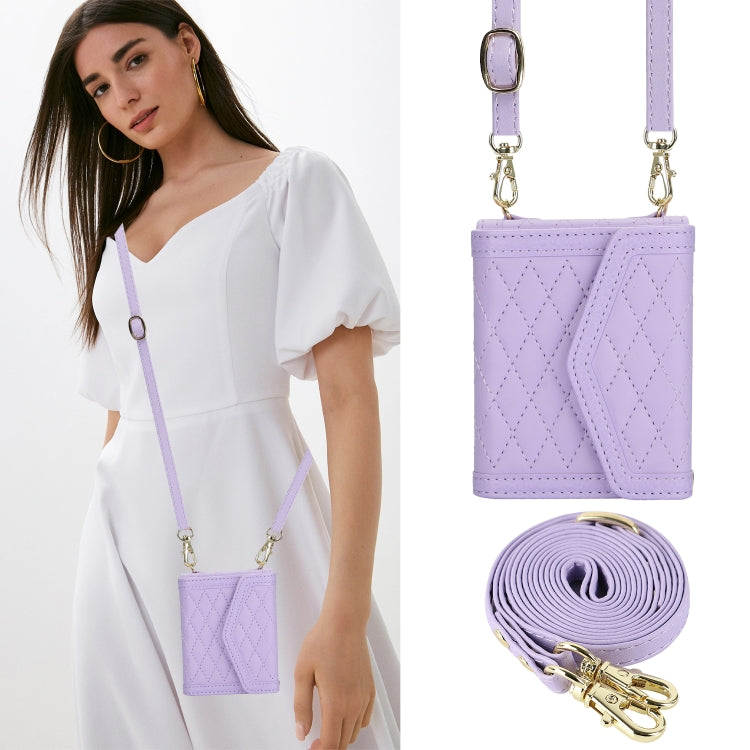 For Motorola Razr 40 Splicing Rhombic Texture Phone Case with Long & Short Lanyard(Purple) - Motorola Cases by PMC TechLife | Online Shopping South Africa | PMC TechLife | Buy Now Pay Later Mobicred