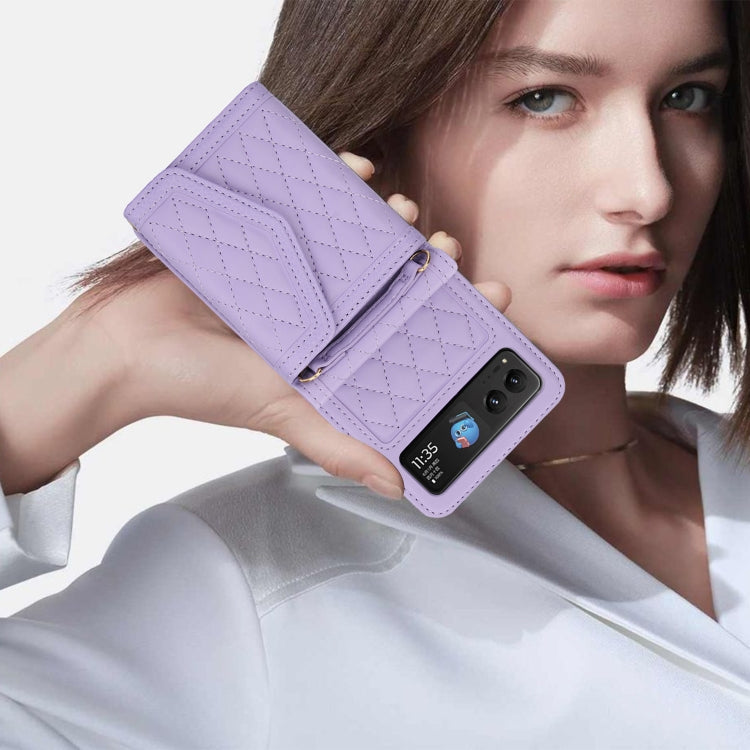 For Motorola Razr 40 Splicing Rhombic Texture Phone Case with Long & Short Lanyard(Purple) - Motorola Cases by PMC TechLife | Online Shopping South Africa | PMC TechLife | Buy Now Pay Later Mobicred