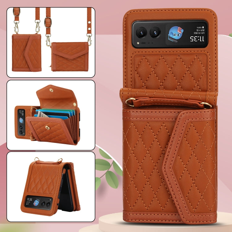 For Motorola Razr 40 Splicing Rhombic Texture Phone Case with Long & Short Lanyard(Brown) - Motorola Cases by PMC TechLife | Online Shopping South Africa | PMC TechLife | Buy Now Pay Later Mobicred