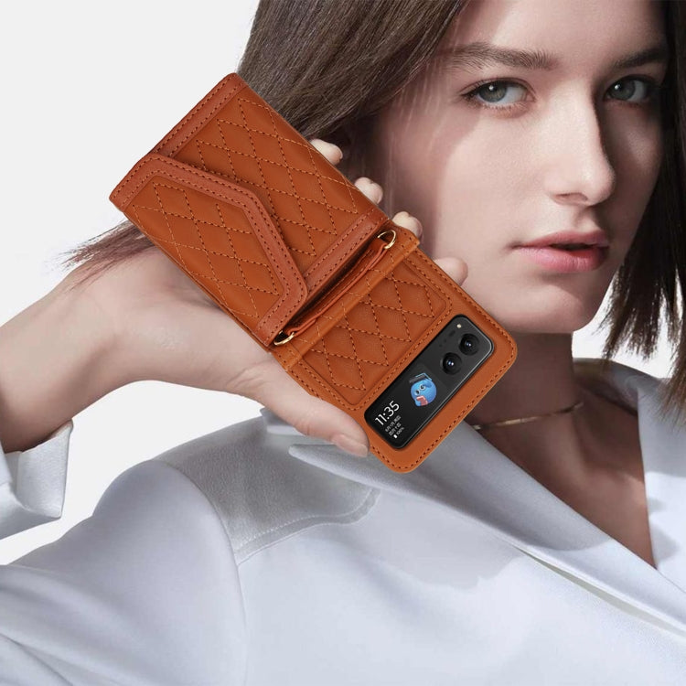 For Motorola Razr 40 Splicing Rhombic Texture Phone Case with Long & Short Lanyard(Brown) - Motorola Cases by PMC TechLife | Online Shopping South Africa | PMC TechLife | Buy Now Pay Later Mobicred