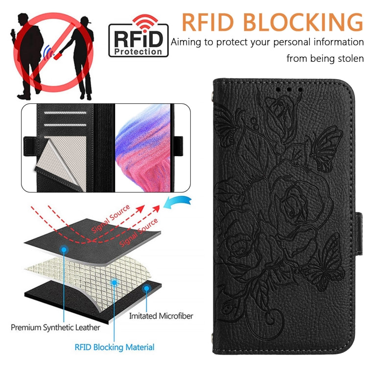 For Blackview Shark 8 Embossed Rose RFID Anti-theft Leather Phone Case(Black) - More Brand by PMC TechLife | Online Shopping South Africa | PMC TechLife | Buy Now Pay Later Mobicred