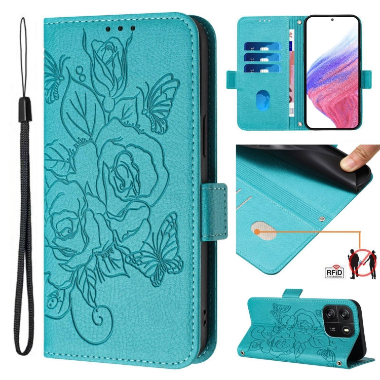 For Blackview WAVE 6C Embossed Rose RFID Anti-theft Leather Phone Case(Light Blue) - More Brand by PMC TechLife | Online Shopping South Africa | PMC TechLife | Buy Now Pay Later Mobicred