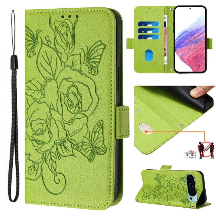 For Google Pixel 9 / 9 Pro Embossed Rose RFID Anti-theft Leather Phone Case(Green) - Google Cases by PMC TechLife | Online Shopping South Africa | PMC TechLife | Buy Now Pay Later Mobicred