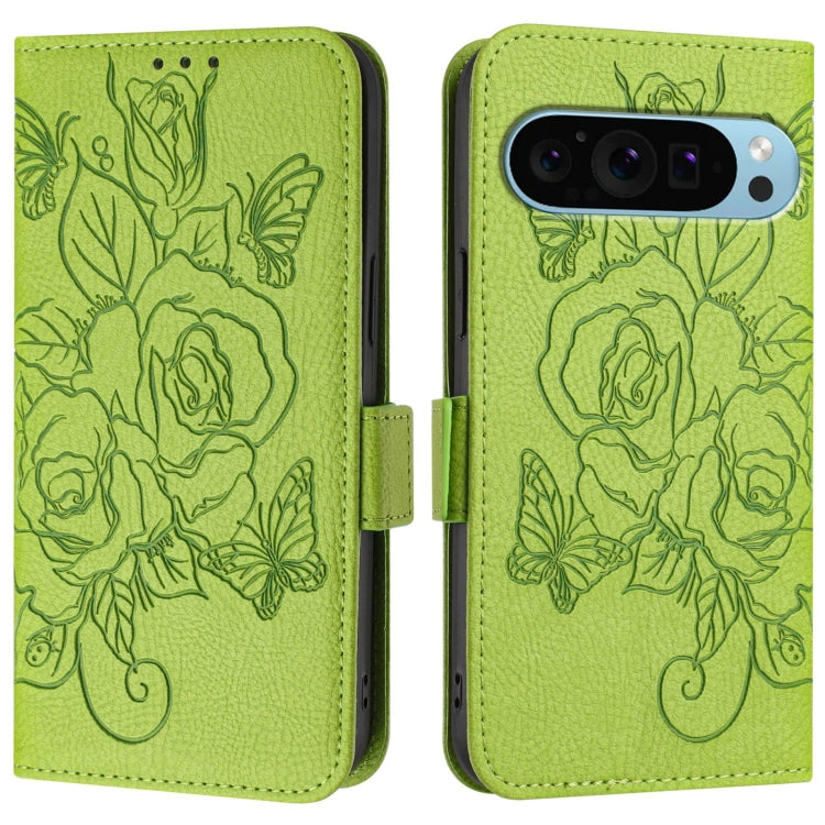 For Google Pixel 9 / 9 Pro Embossed Rose RFID Anti-theft Leather Phone Case(Green) - Google Cases by PMC TechLife | Online Shopping South Africa | PMC TechLife | Buy Now Pay Later Mobicred