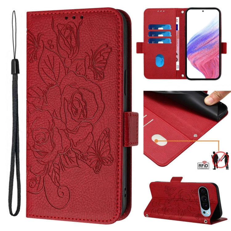 For Google Pixel 9 / 9 Pro Embossed Rose RFID Anti-theft Leather Phone Case(Red) - Google Cases by PMC TechLife | Online Shopping South Africa | PMC TechLife | Buy Now Pay Later Mobicred