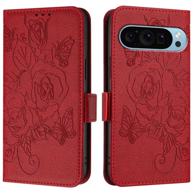 For Google Pixel 9 / 9 Pro Embossed Rose RFID Anti-theft Leather Phone Case(Red) - Google Cases by PMC TechLife | Online Shopping South Africa | PMC TechLife | Buy Now Pay Later Mobicred